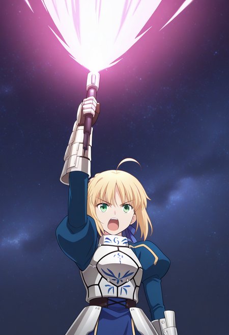 masterpiece, best quality, ultra-detailed, absurdres, newest, 1girl, solo, blonde hair, green eyes, short hair, french braid, ahoge, hair ribbon, blue ribbon, SaberArmor, breastplate, blue dress, gauntlets, juliet sleeves, faulds, holding beam weapon, transamraiser, pink beam, giant beam, one arm up, outer space, upper body, open mouth, serious, shouting, straight on