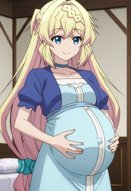 best quality, masterpiece, 4k, perfect lighting, very aesthetic, anime, anime coloring, official art, anime screencap, bedroom, (large pregnant belly:1.3), happy, smile, (hands on belly:1.5),
azusa, blonde_hair, blue_eyes, braid, very_long_hair, short_sleeves, blue_choker, blue_jacket
(pregnancy clothes:1.5), (covered belly:1.5)