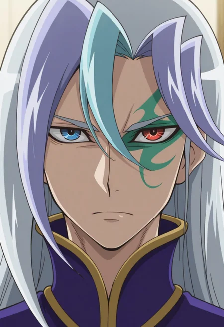 masterpiece,best quality,amazing quality, source_anime, 
chrisArclight, 1boy, male focus, solo, heterochromia, red eyes, blue eyes, green facial tattoo, multicolored hair, grey hair, blue hair, long hair, coat, purple coat,  portrait,
