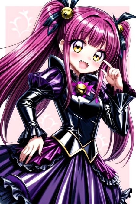 Bad_End_Precure, DarkPrecure, evil corrupted princess wearing dark pastel (ruffled:1) (gleaming latex:1) gown with (long latex vampire cloak:1) and (long frilly bell sleeves), soft lighting, ruffles, (cute fang:1.5)
(vmpr:1),
<lora:more_details:1>,
