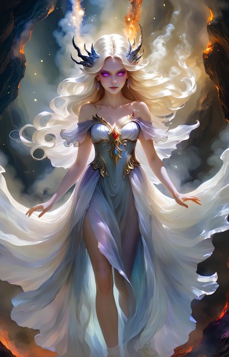Dreamscape dark and moody portrait of a demon emissary in the midst of a darkly lit volcanic crystal cave where she floats among the magma flows with her mesmerizing visage and her (diaphanous dress billowing:1.4) amongst the smoke filled air. <lora:xl_diaphanous_dress-1.0:1> . Surreal, ethereal, dreamy, mysterious, fantasy, highly detailed