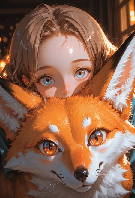 1girl, human, fox, fluffy, duo,
close-up, heads stack, looking at viewer,
large eyes, light blue eyes, eye reflection, wavy brown hair, forehead, eyebrows, peach skin, pink cheeks, pink nose,
orange and white fur, brown eyes, black nose, whiskers,
soft lighting, gentle light, warm lighting,
kind atmosphere, warm atmosphere, curious atmosphere,
innocence, gentle expression, curious expression,
masterpiece,best quality,amazing quality,
 <lora:GBF_Illustrious:0.5>, <lora:MoriiMee_Gothic_Niji_Style_Illustrious_r1:0.5>, <lora:Smooth Booster:0.5>, <lora:USNR STYLE_XL_loha:0.5>