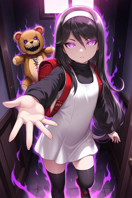 1girl, SakoErikaDevilSummoner, 
general, solo, perspective,
undead, long hair, straight hair, purple eyes,
white hairband,
white dress, turtleneck, long sleeves,
black thighhighs, zettai ryouiki, randoseru,
mary janes,
looking at viewer, glowing eyes, reaching, aura,
teddy bear and flying, 
horror \(theme\), indoors,
<lora:kp_SakoErikaDevilSummonerIllustrious_v1_0:1.0>,
masterpiece, best quality, amazing quality