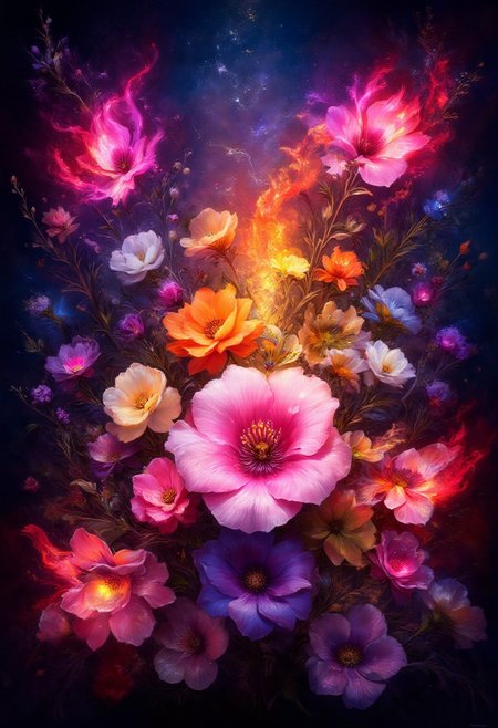 vibrant orange Bleeding Hearts flowers and glowing red butterflies against a pitch-black background Painterly,  surreal, vibrant glow, bokeh, 8k,Pink Roses, purple_flower,pink_flower,white_flower,yellow_flower,grappe_flower