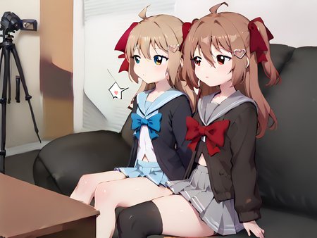 2girls, <lora:Casting_couch:1> casting couch, black couch BREAK
<lora:NeuroSama:1> Neuro-sama, 1girl, blue eyes, ahoge, long hair, hair between eyes, 1girl, blue eyes, black thighhighs, ahoge, sitting, blue skirt, long hair, single thighhigh on the right leg, grey sailor collar, serafuku, hair ribbon, grey skirt, brown cardigan, pleated skirt, long sleeves, two side up, hair between eyes, white shirt, red ribbon, hair bow, blue sailor collar, blue bow, open clothes, single kneehigh on the left leg, heart hair ornament BREAK
 <lora:EvilNeuroSama:1> Evil Neuro-sama, 1girl, red eyes, hair between eyes, brown hair, ahoge, 1girl, red eyes, pleated skirt, heart hair ornament, black sailor collar, red bow, two side up, open cardigan, black serafuku, hair between eyes, brown hair, ahoge, black shirt, open clothes, black skirt, long sleeves, hair bow, grey skirt, hair ribbon, grey sailor collar, black cardigan, red ribbon, hairclip, open jacket,, masterpiece,best quality, highly detailed, score_9, score_8_up, score_7_up, score_6_up,source_Anime,