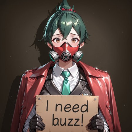 score_9, score_8_up, score_7_up, score_6_up, anime, beautiful, stunning, masterpiece, best quality, amazing quality,

kiriko (overwatch), green hair, long hair, brown eyes,

need_buzz, holding sign, need_buzz,

solo, mask, long hair, shirt, white shirt, jacket, looking at viewer, black gloves, collared shirt, gloves, necktie, coat on shoulders, red coat, vest, 1girl, coat, upper body, jacket on shoulders , red jacket, black jacket, straight-on, respirator, black vest
















