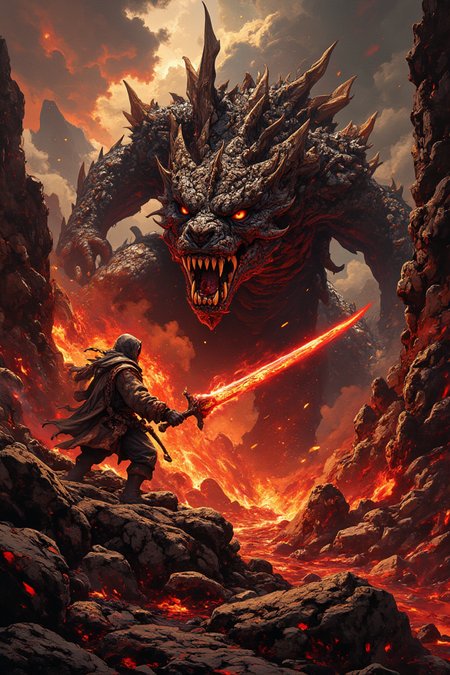 This image depicts a dramatic and fantastical scene featuring a menacing, colossal dragon facing off against a cloaked figure wielding a glowing red sword. The dragon is depicted with dark scales, fierce eyes, and sharp teeth, exuding an aura of immense power and aggression.

The setting appears to be a volcanic or hellish landscape, characterized by rocky terrain and a fiery atmosphere, suggesting intense heat and danger. The sky is filled with ominous clouds tinged with red hues from the surrounding flames and lava flows.

The overall tone of the image is one of epic confrontation and high fantasy, evoking themes of heroism, battle, and mythical creatures. The artwork showcases detailed textures and dynamic lighting that enhance the dramatic tension between the dragon and its opponent.