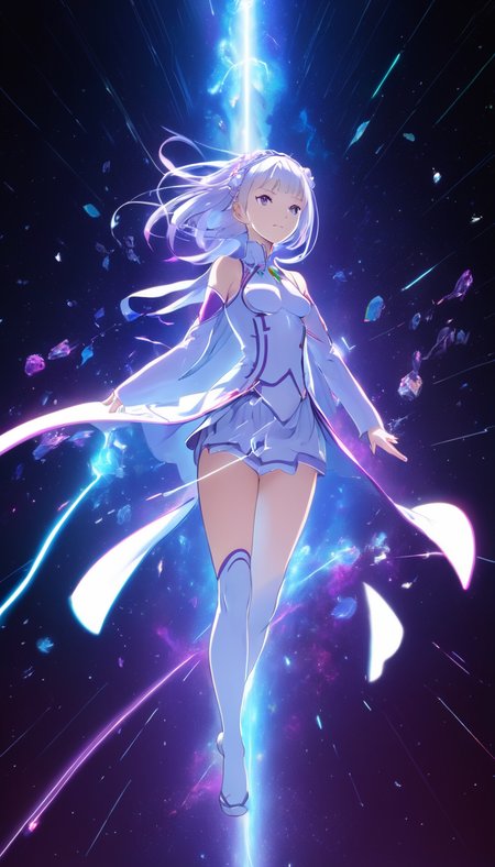 hologram of Cinematic scene, hero view, solo, Emilia, Re:Zero <lora:emilia:1>, action pose, detailed background, masterpiece, best quality, high quality, absurdres floating in space, a vibrant digital illustration, dribbble, quantum wavetracing, black background, behance hd
