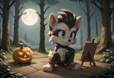 score_9, score_8_up, score_7_up, score_6_up, score_5_up, score_4_up, <lora:Klonoa_Character_PonyXL:0.8> ,  Klonoa, two long ears, fur, anthro, Klonoa, g5, rich colors, forest operations, forest, thicket, communal appearance , presents a painting of rabbits and pony, aroused, front view, detailed background, detailed, 8k quality, side view, beautiful, teasing, easel and brushes, leaned to the floor, freely actions, <lora:Miles_Tails_Prower_Sonic_Character_PonyXL:0.8> , MylesPrower, two tail, fur, anthro, fox boy, Miles Prower, male fox, Sonic the Hedgehog, male Hedgehog, Spike the Dragon, male dragon, Halloween, pumpkin head in the center of the square, <lora:Winnie_Werewolf_r2:1>, view from the side, sitting on the ground, howling at the moon,