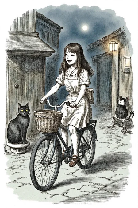joten1 illustration.
A Japanese school girl riding a old style bicycle through a narrow, quiet street at night. The happy woman wears a simple, flowing dress. In the corner, a small black cat with piercing eyes sits watching her quietly.  <lora:joten1_cap_d6a3e12:1.0><lora:821779805541419709:0>