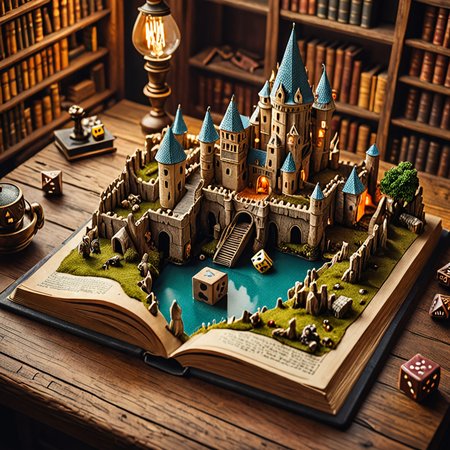 <lora:addMoreDetails:1> from above,  close-up view of a hollowed-out book, a miniature world inside, fantasy castle  ,  wooden desktop desk-lamp bookshelf  D&D-dice in the background,   Ultra details++ , add more details, cinematic grain, high quality, vivid colors