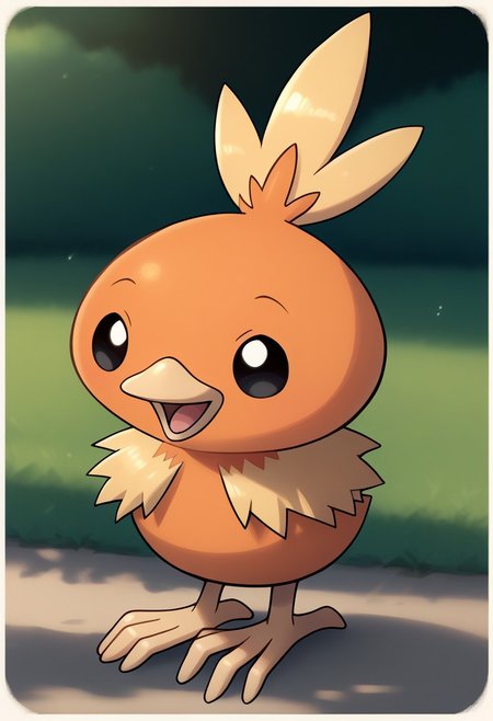 score_9, score_8_up, score_7_up, score_6_up, extremely detailed, torchicLora, pokemon (creature), solid black eyes, big head, tiny body, round head, chibi, super deformed, cute, smol bean, cowboy shot, happy, open mouth, looking around, solo, facing viewer, front view, the park, outdoors, daytime, bright lighting,