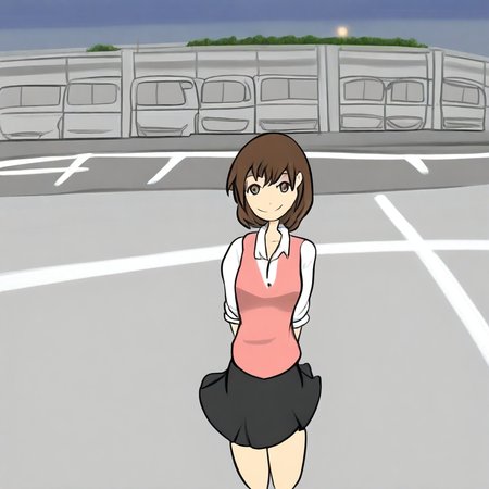 1girl, shirt, skirt, parking lot, smile