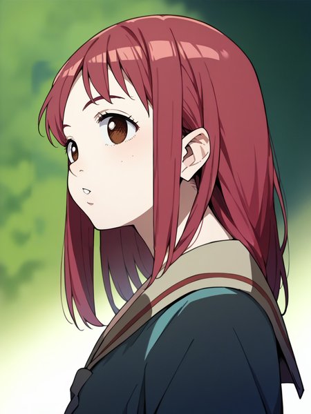 score_9, score_8_up, score_7_up, score_6_up, score_5_up, 1girl, red hair,  <lora:FLCLXLP:1> flcl, brown eyes, school uniform