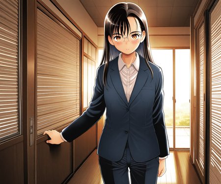 masterpiece, best quality, amazing quality, sfw, 1girl, solo, business suit, pants,   looking at viewer,  standing, <lora:Tsukiyoshi Hiroki style ILL-v2:1> tsukiyoshihiroki