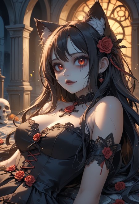 score_9, score_8_up, score_7_up, score_6_up, dynamic, (anime, masterpiece), best quality, (8k), detailed background, sharp focus, intricate, ambient lighting, super high quality, hyper detailed background, cinematic lighting, adult, double tone long hair, mature, Day of the Dead, embedding:zPDXLxxx, spooky, cat ears, long dress, laying down, abandoned mansion, addDetailXl.MLUV, Nyaomi<lora:Nyaomi.safetensors:1.0:1.0> <lora:addDetailXl.MLUV.safetensors:1.0:1.0>
