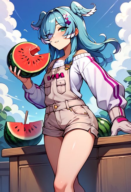 score_9, score_8_up, score_7_up, uncensored, source_anime, 1girl, <lora:speliraPendoraXLPony:1> elira1st, long sleeves, overalls, white sweater, off shoulder, single glove, one eye covered, overall shorts, melon, doily, food, fruit, melon