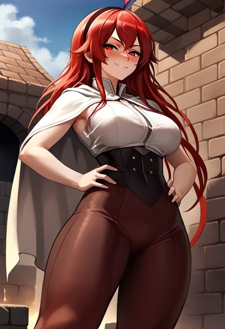 score_9, score_8_up, score_7_up, score_9, score_8_up, score_7_up,Masterpiece,HD,(((HD quality))), (((ultra quality))), hyper ultra detailed, hyper ultra quality,solo,mature female,
<lora:StS_PonyXL_Detail_Slider_v1.4_iteration_3:3>,
Background dungeon, bricks, filth on the walls, anime font,from below, looking at the viewer,indoors,
1girl, detailed, perfect arms, perfect face, perfect hands,alone ,blushed, very blushed,
BREAK
breasts perky,curvy, waist, slim,  perfect anatomy, height, tall,perfect body, 
BREAK
<lora:parisa-eris:0.6>, eris, red eyes, red hair, long hair, ahoge, hairband, white cape, white shirt, brown leggings, hands on hips, smug, outdoors,
