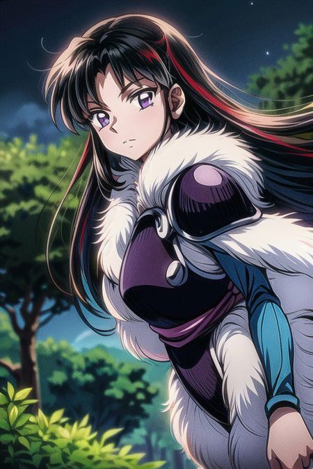 masterpiece,  best quality 1girl Setsun4 solo long hair,  (night time) forest background black hair very long hair purple eyes multicolored hair armor (fur trim) (medium body),<lora:EMS-179-EMS:0.800000>,<lora:EMS-293862-EMS:0.800000>