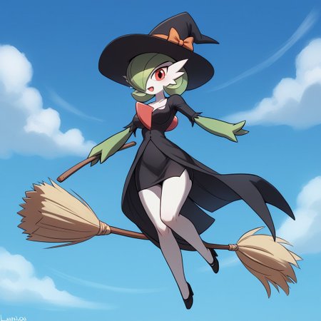 score_9, score_8_up, score_7_up, score_6_up, score_5_up, score_4_up, cartoon style, luminekoStyle,cartoony style, 1 girl, gardevoir, green_hair, green_skin, hair_over_one_eye, full body, witch clothes, sky, flying on broom, upskirt,