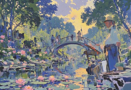 Claude Monet, the renowned Impressionist artist, standing stoically in his Giverny garden in 1914. His eyes are steely with determination as the distant rumble of artillery pierces the tranquil air. He is surrounded by a riot of colorful flowers: vibrant lilies float atop the pond's serene surface, their reflections shimmering under the soft light of a setting sun, while a canopy of green willows arch gracefully over the water's edge. The iconic Japanese bridge stretches across the water, connecting the lush banks. The painter himself is in the foreground, dressed in his signature straw hat and blue smock, palette in hand, brushes resting against a wooden easel that holds a canvas partially obscured by his body. The colors on the palette mirror the hues of the garden, suggesting his deep connection to the natural world. Despite the looming shadow of war, the vividness of Monet's surroundings stands as a testament to his unyielding resolve to continue his artistic endeavors amidst the chaos. The scene is suffused with a poignant silence, a stark contrast to the cacophony of battle that echoes in the distance, serving as a symbol of beauty's steadfastness in the face of destruction. The composition is framed by the darkened sky, hinting at the impending nightfall that metaphorically reflects the tumultuous times, yet it is pierced by a sliver of golden light, a beacon of hope that persists over the horizon of his beloved sanctuary.