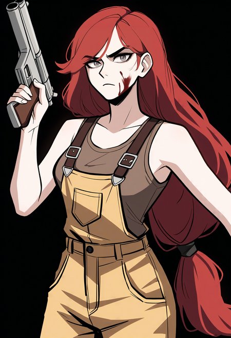 score_9, score_8_up, score_7_up, score_6_up, score_5_up, score_4_up,
BREAK
1girl, abella funger, red hair, grey eyes, low-tied long hair, long hair, hair ribbon, tied hair, swept bangs, serious, blood on face,
BREAK
solo, standing, yellow overalls, brown tank top, holding shotgun, 
BREAK
black background, simple background, dynamic pose, dark, <lora:Lunas-Abella-Funger-SDXL-A1:1> <lora:Lunas-Roresu-SDXL-A1:1>