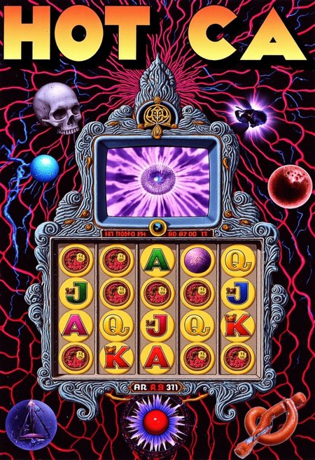 Slot machine graphics from front view . Disturbing scenes of addiction, people injecting drugs heroin, white powder, drinking alcohol smoking cigarettes. very strange surrealist style with holographic vortex featuring swirls of holotropic colour and glowing eyes wet distorted factory shot. On the television sets are glowing hands, with electricity coming off the finger tips. swirling around her head are holograms of  glyphs chaos magick symbols. the room has thick electricity cables and smoke is coming off them. large wet glistening slices of wet soggy ham and hot dogs are floating in the air, dripping gooey sauce combining mustard and blood, there are multiple wet hotdogs floating. on the wall in the background are photos of nuclear explosions