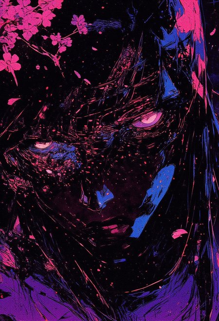 A captivating close-up portrait of a young Japanese man, his face drawn entirely of intricate dots and lines in glowing neon blue, neon pink, black, and white. The contours of his face are defined by fine neon lines, creating the shape and expression with an electric glow. His eyes, the focal point, are composed of clusters of neon dots in blue and white, with neon pink irises that convey a deep, expressive look. His eyebrows are formed with curved neon blue and black lines, adding contrast. The nose is outlined with subtle black lines, accented by neon white dots to create dimension, while his lips, drawn with thin neon pink lines highlighted in white, are slightly parted, exuding mystery. His hair cascades stylishly over one eye, composed of flowing, layered lines in neon pink, blue, and black for texture. The skin is shaded with gradients of neon dots in blue, pink, and white, building depth and highlighting his cheekbones and jawline. The frame is immersed in deep purple and dark hues, with delicate, glowing cherry blossom petals scattered around, blending the avant-garde fashion theme with nature.