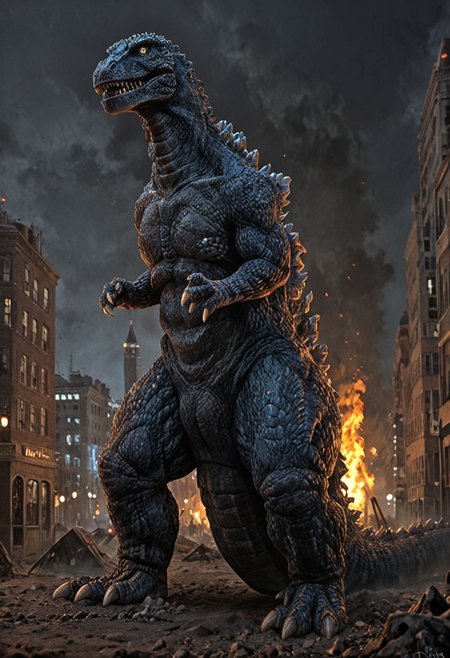 score_9, score_8_up, score_7_up, solo, 1man, giant dinosaur zilla_1998, sharp teeth, spines, blue spines, feral, realistic scales, detailed scale texture, solo, size difference, german village, solo, outdoors, city, city of fire, solo,furry male, solo, plantigrade, full body, solo, cinematic setting, extremely detailed, Macro detailed realism style photograph, 3DMM