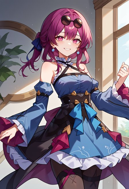 score_9, score_7_up, source_anime, solo, come hither, smile, cowboy shot, BREAK   <lora:sphsrKafkaXLPony:1> kafkerdef, earrings, eyewear on head, sunglasses,, hair ribbon, frilled choker, criss-cross halter, sleeveless dress, high-waist skirt, backless dress, blue dress, waist blue bow, detached sleeves, frilled sleeves, wide sleeves, blue sleeves, black pantyhose, patterned legwear, pinstripe pantyhose, mary janes, layered dress,