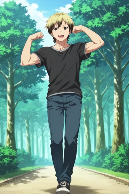 score_9, score_8_up, score_7_up, source_anime, rating_safe, , (realistic:0.6), looking at viewer, , 1boy, solo, male focus, <lora:kodaka_hasegawa_pony:0.9>, kodaka_hasegawa, blonde hair, black eyes, short hair, multicolored hair, two-tone hair, black hair, wide angle, wide shot, full body, forest, day, clouds, flexing, laughing, , <lora:sdxl_lightning_8step_lora:1>