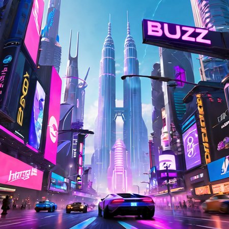 A futuristic cyberpunk cityscape filled with towering neon skyscrapers, glowing in hues of blue, purple, and pink. In the foreground, two sleek humanoid androids hold up a glowing, holographic sign that reads 'Buzz Beg' in bold, futuristic font. The scene is bustling with flying cars and digital advertisements flashing in the background. The reflective streets below mirror the vibrant colors and lights, creating a sleek, tech-filled atmosphere with a sense of urgency and action.
