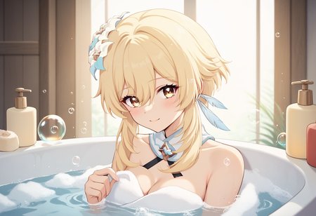 (bubble bath), score_9, score_8_up, score_7_up, source_anime, ultra detailed,  (female focus), 
A picture of a girl sitting in a big bathtub and having a bubble bath. Her body is full of bubble, there bottles of shampoo, towel, bath towel,  looking at viewer with shy and blush. light smile,  from side. 
lumine \(genshin impact\). The girl has yellowish white skin, middle blonde hair with long bangs and hair between eyes, she has yellow eyes, wearing feather hair ornament and hair flower, she has tender and slender body with medium breasts and cleavage, bare shoulders and detached collar,
 , ,<lora:Bubble_Bath_Pony:1>,<lora:genshin-lumine-2024-short-ponyxl-lora-nochekaiser:1>