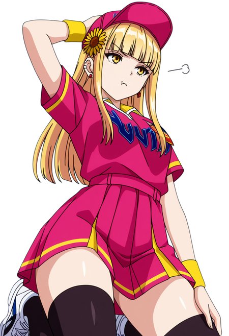 masterpiece,high quality details, absurdres,
 <lora:Ruriko:0.8>
ruriko_cnr,1girl, blonde hair, long hair,blunt bangs, yellow eyes, fang, ear piercing,earrings,
 ruriko_s1, uniform_cnr,baseball cap,pink shirt, black thighhighs,pink skirt,white sneakers, wristband, sunflower hair ornament,, simple background, white background, from below,solo,, frustrated,pout,, one arm supporting head,body arched backward,kneeling with thighs apart,