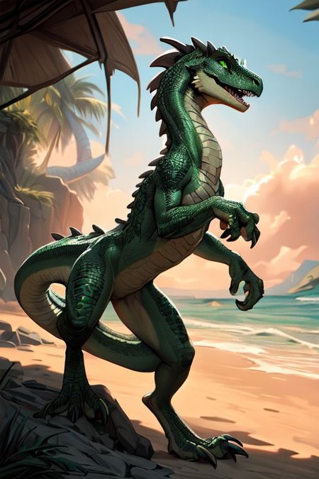 scalie, (female kobold:1.3), (detailed dark green scales:1.3), detailed scales, intricate scales, (flat chest:1.2), (nude), standing,  (detailed face), (detailed clear eyes:1.3),  claws, open mouth, grin, fangs:1.3,
dynamic pose, ((sexy pose)), dancing,
by crestfallenartist, by qwertydragon, by ecmayor,
<lora:addmoredetails:0.1>
<lora:FurryCore:0.5>
<lora:Velociraptor_Dino:0.2>
<lora:dragon:0.1>
<lora:kobold:0.3>
on the beach, sunshine,
(ambient light on the body),  Ray tracing,
masterpiece,  4k, warm lighting, best quality, hi res, 
concept art, highly detailed, (hi res), ((masterpiece)), ((best quality)) , ultra realistic, (intricate:0.9), (high detail), film photography, cinematic composition,