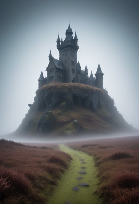 A lone, abandoned castle looming ominously over a dark and foggy moor, Faeothic