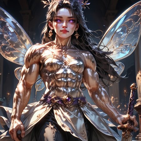 Medium shot, detailed, photorealistic, hyper realistic, score_9, score_8_up, rating_safe, solo ((arch fey, detailed violet eyes, (beautiful woman, white corset, skirt, pants, sword belt, and holding a sword), ((bronze metallic gold skin ral-polishedsteel)), ((huge muscles, muscular shoulders, muscular thighs, muscular torso, small petite breasts)), (fairy wings), (long black hair))), (standing next to a multicolored crystal throne, in a detailed throne room filled with treasures, detailed lighting), hi res, hi quality, 4k, concept art, digital art, realistic, detailed background, lens flare, pixel art, piratical beauty, great lighting