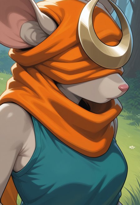 masterpiece,best quality,amazing quality, 1girl, solo, lytr4, rat girl, grey fur, covered eyes, orange hood, orange scarf, crescent ornament, green sleeveless top, close up, side angle