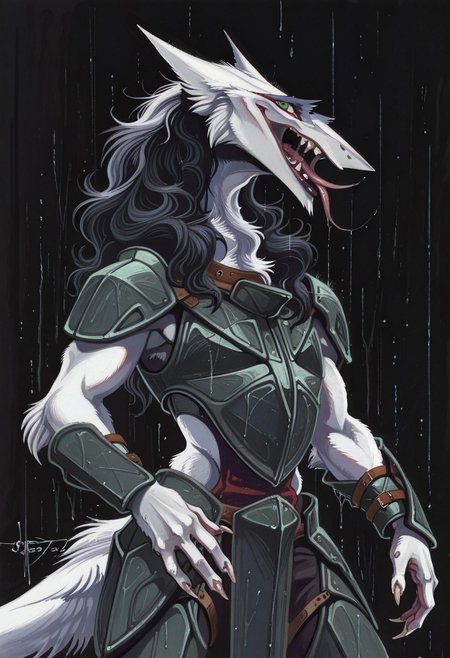 Syd_Mead, Cannon_design, Rain_Silves, Sergal, a painting of a sergal with long hair, sensitive, solo, long hair, looking at viewer, open mouth, animal ears, green eyes, teeth, tongue, signature, tongue out, dated, fingernails, fangs, sharp teeth, black background, claws, furry, furry female, sharp fingernails, body fur, white fur, snout, armor