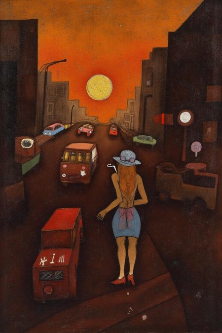 paulklee1 painting of a woman smoking at a busy street corner at sunset.
 <lora:paulklee1_cap_d8a4e6:1.0><lora:838869381627961414:0>