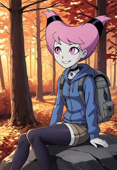 safe_pos, <lora:JinxTTPony1.2:0.8> jinx, 1girl, pink hair, grey skin, hair ties, choker, solo, pink eyes, blush stickers, chest jewel, short hair, colored skin, adult female, small breasts,  ((wool leggings, cargo short shorts, zip up hoodie, backpack, sitting on rock, quarter view)),
outdoors,  looking up at leaves change, smile, score_9, score_8_up, score_7_up, score_6_up, score_5_up, score_4_up, detailed background, outdoors, forest, hiking trail, (autumn, tree, autumn leaves, nature, outdoors), source_cartoon, source_anime, 