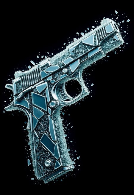 <lora:Glass_Fracture_Former_FLUX-000017:0.9>
This is a digital artwork featuring a stylized, surreal image of a gun  made entirely of shattered glass.