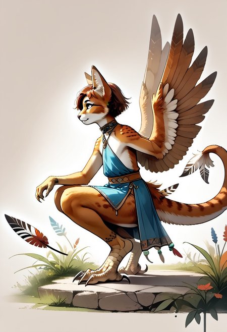DarirStyle
full body, solo, score_9, score_8_up, score_7_up, 1 person, flat chest, no breasts, anthro, ((long toes, nimble toes, handfeet)):1.4, ((wing arms, wings only)):1.6, pelvic curtain skirt, feline features, feline nose, large ears, ((thick tail, tapering tail, feather tipped tail)), harpy:1.2, large wings, variety, digitigrade legs, crouching, side profile, rating: safe