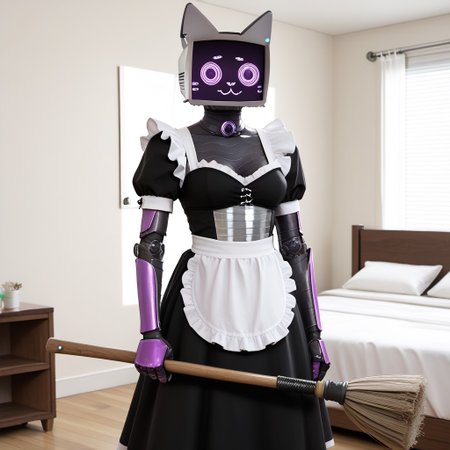 anime, sci-fi, realistic, detailed, inside, apartment, female, anthro, ((kerfus)), purple eyes, :3, tail, maid outfit, holding broom, hands together, score_9