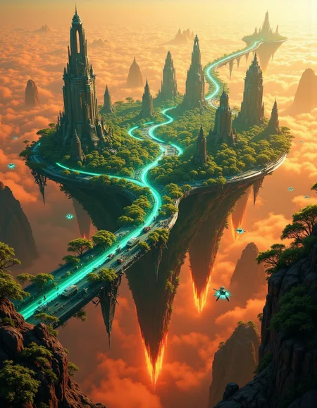 Suspended in the vast expanse of space, a mesmerizing chain of islands drifts serenely in orbit around the red planet, Mars. Each island hovers at a different altitude, their surfaces adorned with lush, emerald foliage that flourishes beneath the glimmering force fields enveloping them like protective shields. The shimmering barriers ripple like liquid light, refracting the harsh glow of distant stars and painting the sky with an ethereal iridescence.
Expansive land bridges connect these celestial wonders, their structures crafted from advanced alloys that gleam under the golden radiance of a nearby sun. Towering skyscrapers, sleek and futuristic, rise like monolithic sentinels from the dense greenery, their crystalline facades pulsing with streams of neon energy. Some seem to touch the heavens, their uppermost floors disappearing into the wisps of cosmic mist that swirl around them.
Above and below, sleek shuttles weave through the intricate pathways of this orbital oasis, descending gracefully toward the Martian surface in choreographed arcs of propulsion and light. Each craft leaves behind a faint, luminescent trail as it navigates through the shimmering force fields, vanishing into the crimson haze that blankets the planet below. The scene is a breathtaking fusion of sci-fi wonder and mystical grandeur, rendered in stunning 8K detail with the magic of Unreal Engine, Octane Render, and the unparalleled realism of ray tracing. It is a vision of a world where technology and fantasy entwine, suspended in the cosmos like an artistâs dream brought to life. <lora:Flux_Detailer_v3:0.8> Jeddtlv3 <lora:Test:0.8> n1t3_du5t