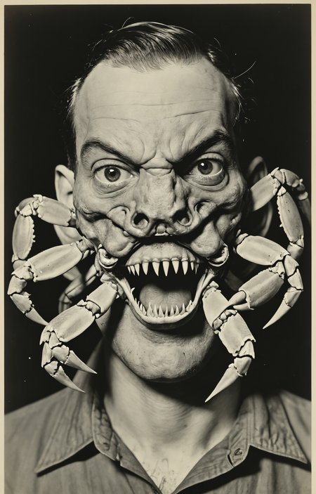 weegee photo,mutation,human with crab head face,  <lora:sdxl_photorealistic_slider_v1:1>