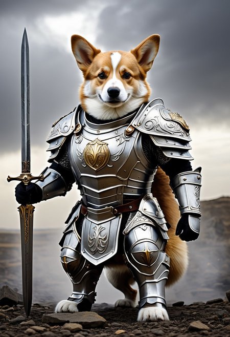 A photorealistic shot of a valiant humanoid corgi, clad in ornate, heavy-plated armor, stands resolute at the front lines of a war-torn battlefield. His fluffy fur peeks through the polished gaps in his armor, a stark contrast to the hardened steel that encases his small but mighty frame. His armor, intricately crafted with golden engravings and divine sigils, resembles the regalia worn by legendary paladins in ancient fantasy tales. The weight of the metal does little to hinder his unwavering determination as he stands firm, his ears perked, his glistening eyes filled with courage. With a majestic flourish, he raises his radiant sword, its blade pulsing with an aura of holy light, casting an ethereal glow upon the battered earth below. The runes etched into the steel shimmer like the embers of dawn, a beacon of hope and righteousness amidst the gloom of war. Behind him, his loyal warriors stand ready, their armor dulled by battle but their spirits alight with the fire of their leaderâs unyielding bravery. The battlefield stretches far into the horizon, shrouded in mist and the lingering scent of war, with broken weapons and tattered banners littering the ground. The sky is a dull gray, heavy with ominous clouds, yet the corgi's divine radiance pierces through the darkness, a shining symbol of defiance against the forces of despair.