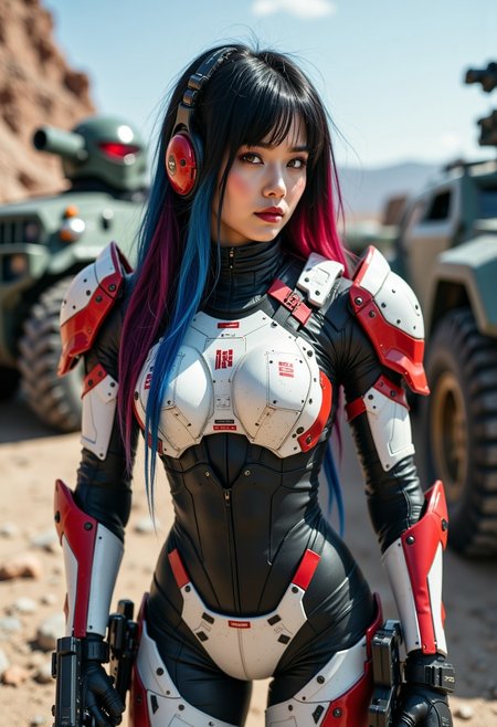 stunning female korean space marine, long multicoloured hair (dark with blue and red highlights), bangs, white and red body armour, assault pistols in holsters, standing next to an armoured assault vehicle on a rocky plain, cowboy shot, High Detail, Perfect Composition, dramatic ighting, high contrast