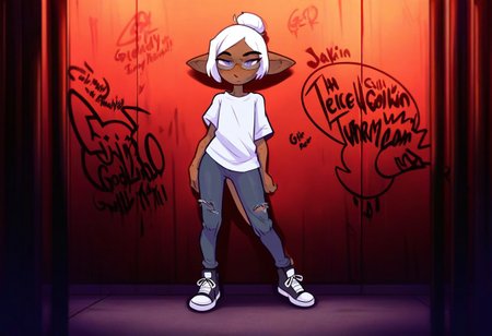 masterpiece, best quality, newest, absurdres, highres, furry, perfect anatomy, (Gwendolyn_Tennyson G0b1),1girl,solo,goblin girl,dark-skinned female,pointy ears,short hair,white hair,single hair bun,purple eyes,semi-rimless eyewear,freckles,colored skin,tail, white shirt, graphic t-shirt, ripped jeans, denim, sneakers, black and white shoes, underpass, graffiti, posing, secluded, solo, solo focus,