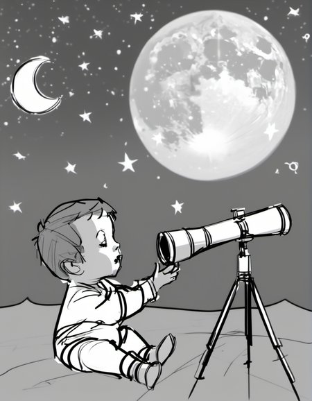 color storyboard sketch of  During a starry night, a toddler in pajamas peers through a toy telescope, their face alight with wonder at the twinkling stars and the moon, the night air cool and filled with the sounds of crickets. <lora:Storyboard_sketch:0.9>